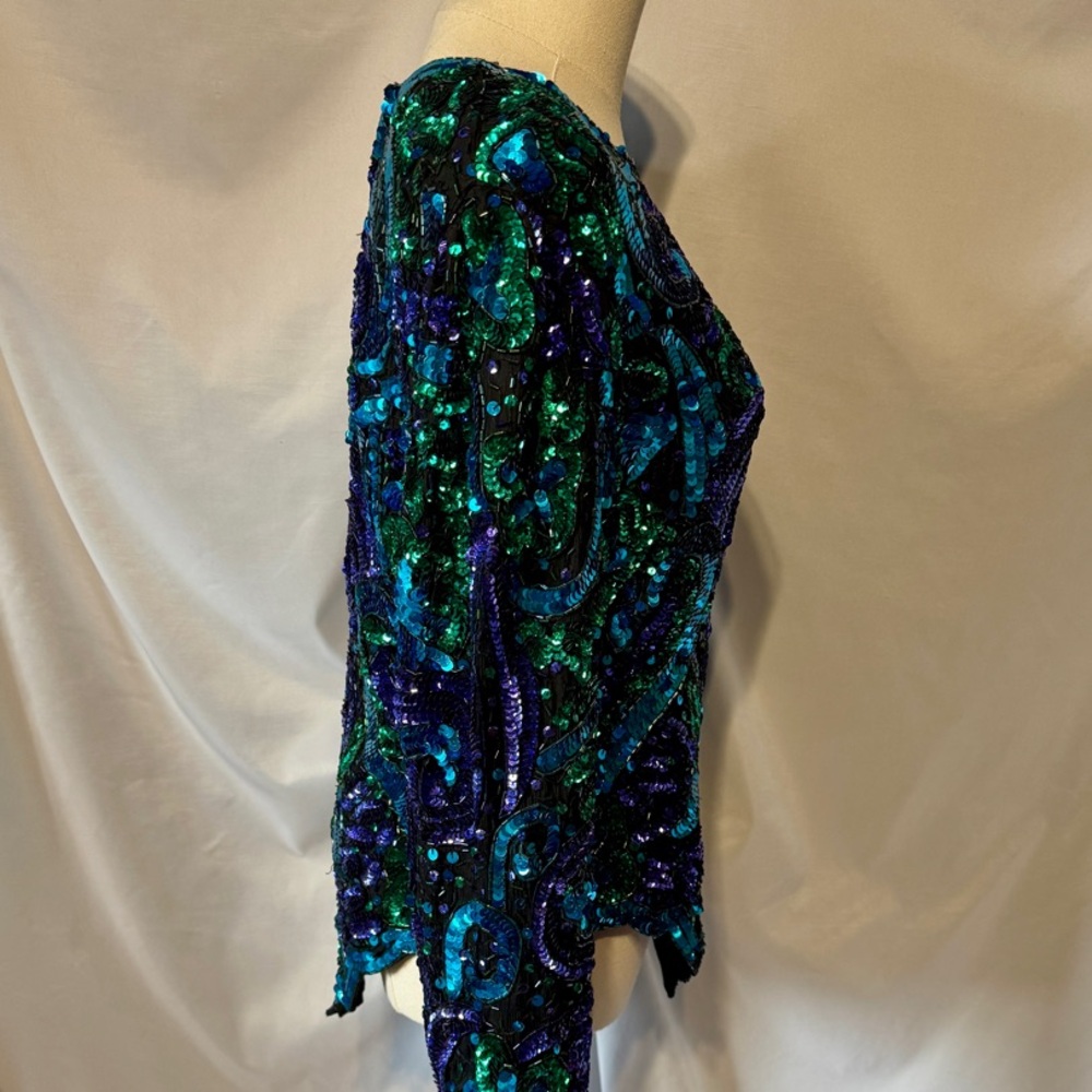 (M) Laurence Kazar Blue Green Sequin Embellished Blouse - Picture 4 of 13